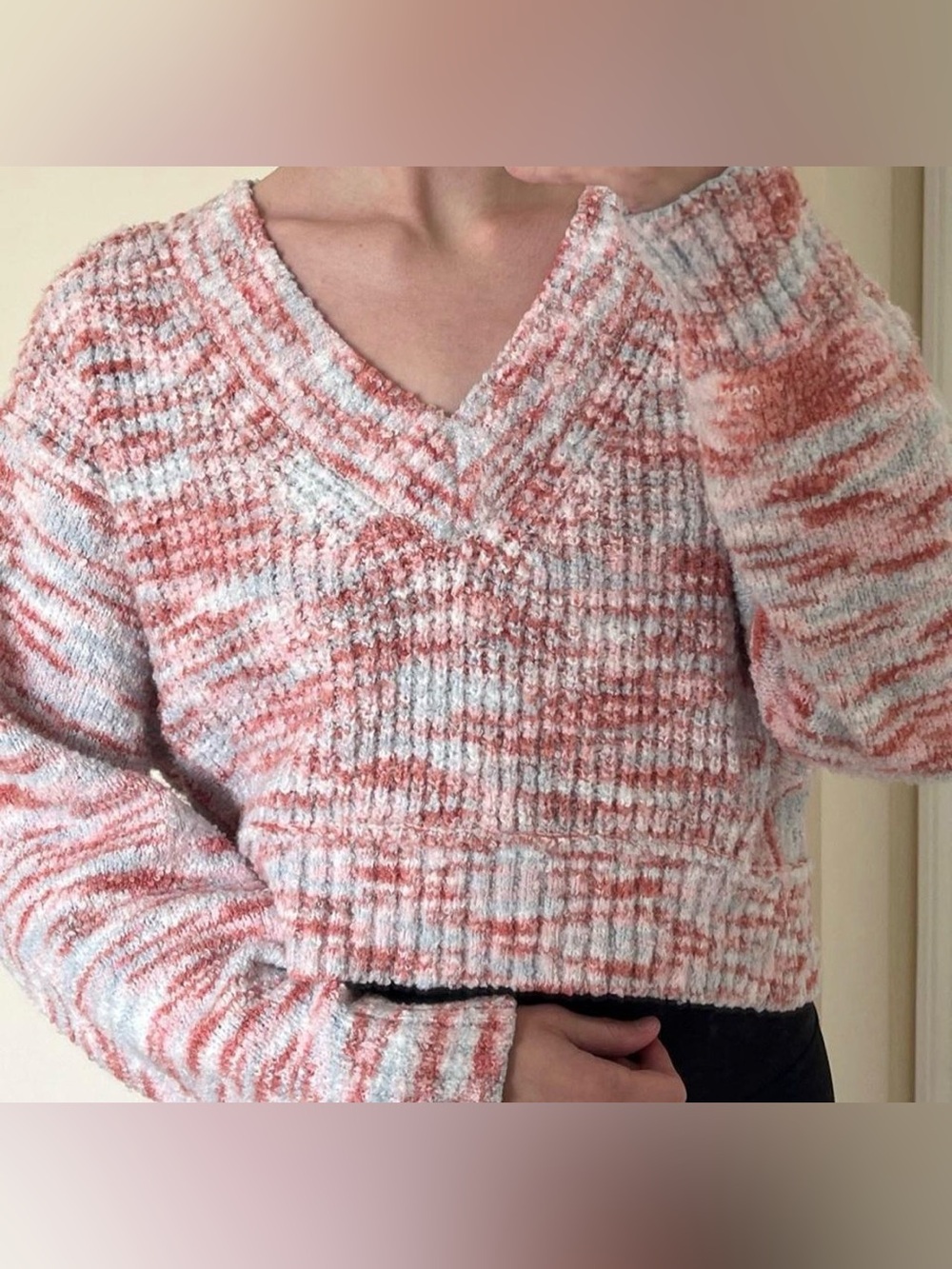 Pink and Blue Marbled Cropped V-Neck Sweater